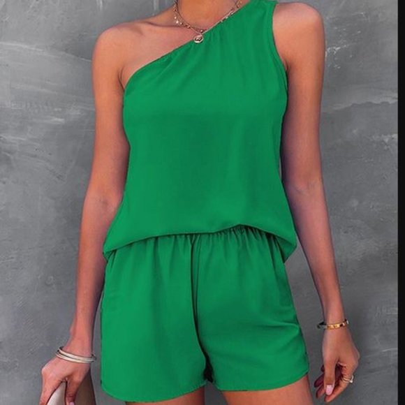 Green Asymmetrical Tank & Elastic-Waist Pocket Shorts - Picture 1 of 1
